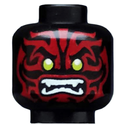 Minifigure, Head Alien with Lime Eyes, White Fangs and Dark Red Face Decorations Pattern