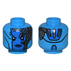 Minifigure, Head Alien Female with Blue Face, Dark Blue Lips, Mechanical Left Eye, Copper Plates, and Silver Stripes on Back Pattern