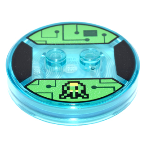 Деталь LEGO 18605c01pb08 Dimensions Toy Tag 4 x 4 x 2/3 with 2 Studs and Trans-Light Blue Bottom with Pixelated Black and Yellow Alien and Dark Green Circuitry on Bright Green Background Pattern (Gamer Kid)