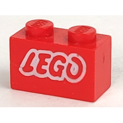 Brick 1 x 2 with LEGO Logo Open O Style White Outline Pattern - Red