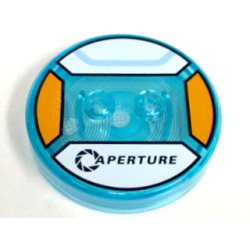 Dimensions Toy Tag 4 x 4 x 2/3 with 2 Studs and Trans-Light Blue Bottom with Black 'APERTURE' and Curved Bright Light Blue Line on White Background Pattern (Chell)