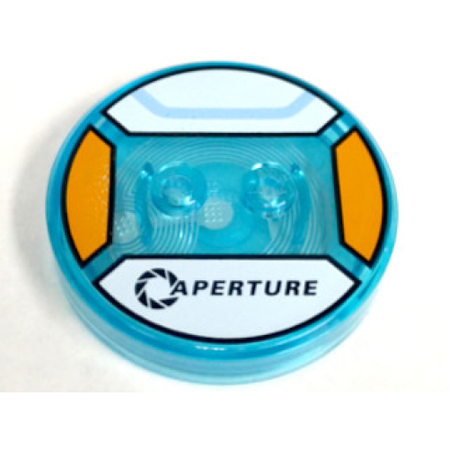 Деталь LEGO 18605c01pb05 Dimensions Toy Tag 4 x 4 x 2/3 with 2 Studs and Trans-Light Blue Bottom with Black 'APERTURE' and Curved Bright Light Blue Line on White Background Pattern (Chell)