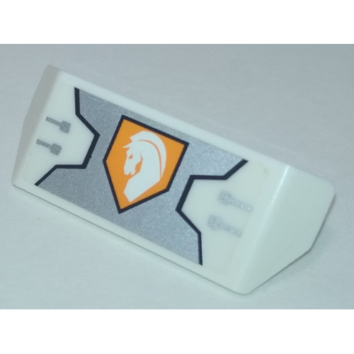 Деталь LEGO 98834pb12 Vehicle, Spoiler with Bar Handle with Silver Armor Plate, White Horse Head on Orange Hexagonal Shield Pattern (Sticker) - Set 70348