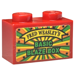 Brick 1 x 2 with Black 'FRED WEASLEY'S' on Yellow Banner, Green 'BASIC BLAZE BOX' Pattern (Sticker) - Set 75978