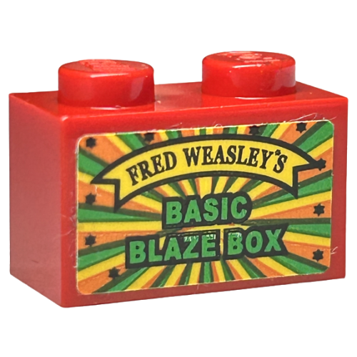 Деталь LEGO 3004pb242 Brick 1 x 2 with Black 'FRED WEASLEY'S' on Yellow Banner, Green 'BASIC BLAZE BOX' Pattern (Sticker) - Set 75978