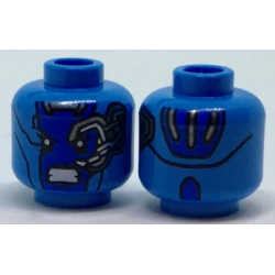 Minifigure, Head Alien Female with Blue Face, Mechanical Left Eye, Angry Expression, and Silver Stripes on Back Pattern (Nebula)