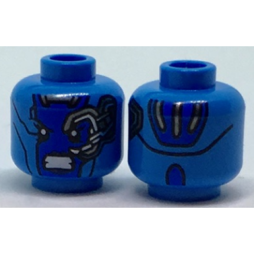 Деталь LEGO 3626pb1827 Minifigure, Head Alien Female with Blue Face, Mechanical Left Eye, Angry Expression, and Silver Stripes on Back Pattern (Nebula)