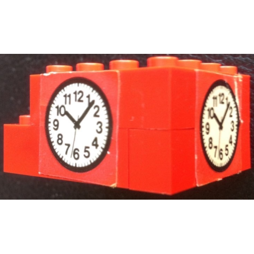 Деталь LEGO BA128pb01 Stickered Assembly 5 x 4 x 2 with Clock on Red Background Pattern on 2 Sides (Stickers) - Set 148 - 4 Brick 1 x 4, 1 Brick 1 x 2