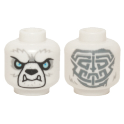 Minifigure, Head Alien Chima Bear with Black Nose, Bright Light Blue Eyes, Light Bluish Gray Fur, Lower Fangs, and Sand Blue Tribal Markings Pattern