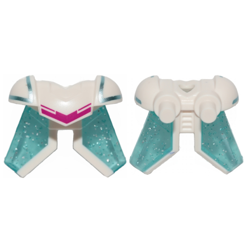 Деталь LEGO 40936pb01 Mini Doll, Armor Breastplate with Shoulder Pads, 2 Bars on Back with Magenta Stripe and Molded Glitter Trans-Light Blue Wings Pattern