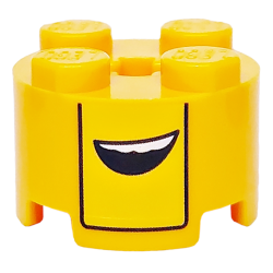Brick, Round 2 x 2 with Axle Hole with Yellow Stripe, Black Bent Line and Open Mouth with White Teeth Pattern Brick, Round 2 x 2 with Axle Hole with Yellow Stripe, Black Bent Line and Open Mouth with White Teeth Pattern