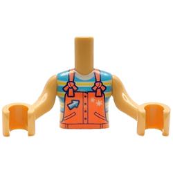 Torso Mini Doll Girl Coral Overalls with Pockets, Stars and Arrow over Medium Azure Top with White and Yellow Stripes Pattern, Medium Tan Arms with Hands