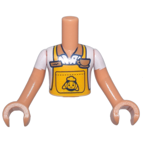 Деталь LEGO FTBpb114c01 Torso Mini Doll Boy Bright Light Orange Apron over White Shirt, Medium Nougat Coffee Cup, Croissant on Back Pattern, Nougat Arms with Hands with White Short Sleeves