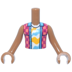 Torso Mini Doll Boy Coral and Magenta Checkered Sleeveless Shirt Open over White Undershirt with Bright Light Orange and Medium Azure Shapes Pattern, Medium Nougat Arms with Hands Torso Mini Doll Boy Coral and Magenta Checkered Sleeveless Shirt Open over White Undershirt with Bright Light Orange and Medium Azure Shapes Pattern, Medium Nougat Arms with Hands