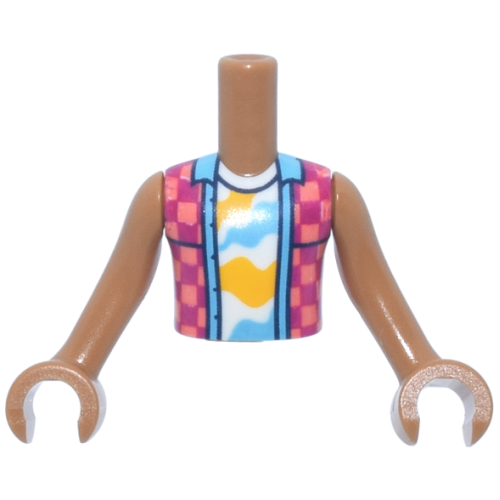 Деталь LEGO FTBpb145c01 Torso Mini Doll Boy Coral and Magenta Checkered Sleeveless Shirt Open over White Undershirt with Bright Light Orange and Medium Azure Shapes Pattern, Medium Nougat Arms with Hands