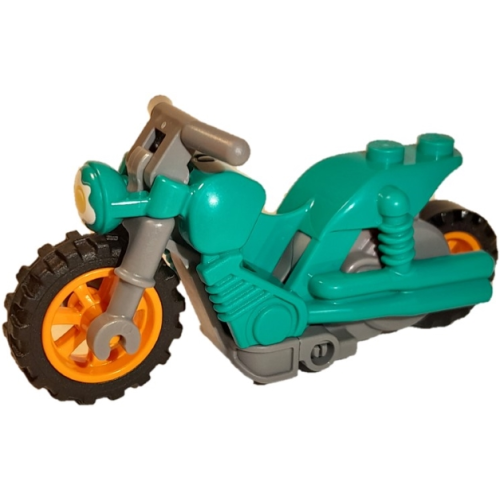 Деталь LEGO 75537pb02c01 Stuntz Flywheel Motorcycle Dual Exhaust Bike with Dark Bluish Gray Frame, Orange Wheels, and Dark Bluish Gray Handlebars with Fried Egg on Headlight Pattern