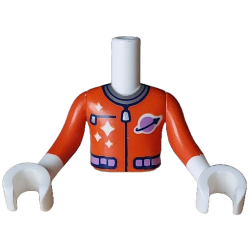 Torso Mini Doll Boy Spacesuit with Silver Collar, Zippers, Medium Lavender Classic Space Logo and Belt Pattern, White Arms with Hands with Reddish Orange Long Sleeves