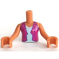 Torso Mini Doll Girl Magenta Open Vest with Gold Dots over Light Aqua Top Pattern, Medium Nougat Arms with Hands