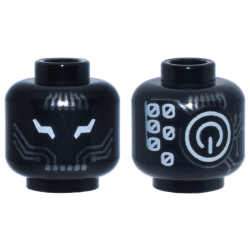 Minifigure, Head Alien Robot with White Lightning Bolt Eyes, Dark Silver Circuitry, Power Button Logo and Number 0 Repeating on Back Pattern