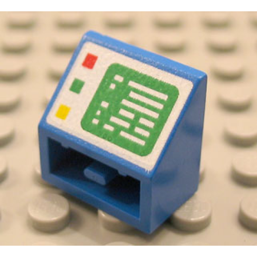 Деталь LEGO 3660pb001 Slope, Inverted 45 2 x 2 with Flat Bottom Pin with Green Computer Screen on White Background, Red, Green, and Yellow Buttons on Left Side Pattern
