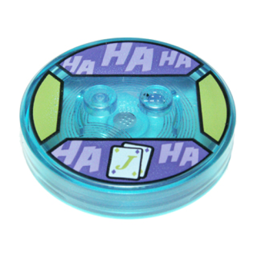 Деталь LEGO 18605c01pb11 Dimensions Toy Tag 4 x 4 x 2/3 with 2 Studs and Trans-Light Blue Bottom with White Playing Cards and Medium Lavender 'HA HA' on Dark Purple Background Pattern (The Joker)