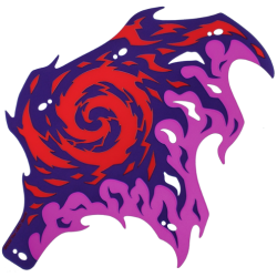 Plastic Part for Set 71832 - Dragon Wing with Dark Purple and Magenta Skin and Red Energy Swirl, LEGO Copyright on Left Pattern