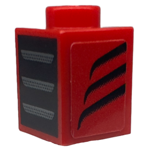 Деталь LEGO 3005pb057L Brick 1 x 1 with Dark Silver Grille / Air Vents on Black Background and Black Tapered Curved Stripes Pattern Model Left Side (Sticker) - Set 76914