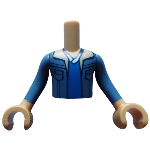 Деталь LEGO FTBpb087c01 Torso Mini Doll Boy Sand Blue Jacket with Tan Lapels over Blue and White Shirt Pattern, Medium Tan Arms with Hands with Sand Blue Long Sleeves