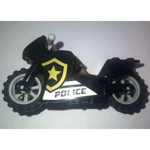 Деталь LEGO 18895c11pb01 Motorcycle Sport Bike with Black Frame, Light Bluish Gray Wheels and Light Bluish Gray Handlebars with 'POLICE', White Stripes, and Gold Star Badge Logo Pattern on Both Sides (Stickers) - Set 60276