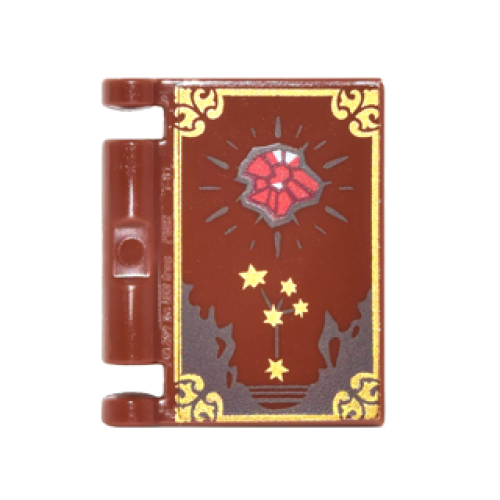 Деталь LEGO 24093pb011 Minifigure, Utensil Book Cover with Gold Border and Star Constellation, Dark Brown Stains, Red Shining Crystal Pattern