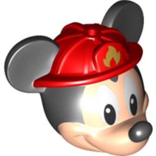 Деталь LEGO 24629c01pb01 Minifigure, Head, Modified Mouse with Black Ears and Nose and White Eyes and Red Fire Helmet with Gold Fire Logo Pattern (Mickey)