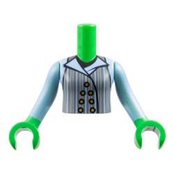 Torso Mini Doll Girl Dark Bluish Gray Vest with Gold Buttons, Light Bluish Gray and Bright Light Blue Pinstripes and Lapels over Black T-Shirt Pattern, Bright Green Arms with Hands with Bright Light Blue Long Sleeves