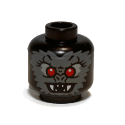 Minifigure, Head Alien Bat with Red Eyes, Light Bluish Gray Eye Shadow, Dark Bluish Gray Fur, and Open Mouth with White Fangs Pattern