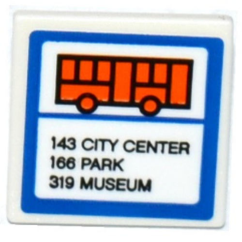 Деталь LEGO 15210pb025 Road Sign 2 x 2 Square with Open O Clip with Orange Bus, '143 CITY CENTER', '166 PARK' AND '319 MUSEUM' Pattern (Sticker) - Set 60104