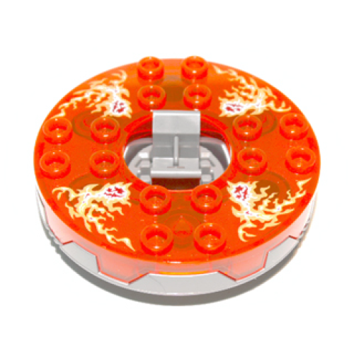 Деталь LEGO 98318c13pb01 Turntable 6 x 6 x 1 1/3 Round Base Serrated with Trans-Neon Orange Top and Fire Energy Pattern (Ninjago Spinner)