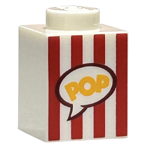 Деталь LEGO 3005pb028 Brick 1 x 1 with Red Vertical Stripes and Yellow 'POP' in Speech Bubble Pattern (Popcorn Box)