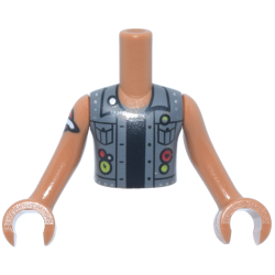 Torso Mini Doll Boy Dark Bluish Gray Vest, Black Buttons, Collar, Pockets and Shirt, Silver Studs, Red and Lime Circles with Heart and Lightning, '#1Dad' in Squares on Back Pattern, Medium Nougat Arms with Hands with Red Heart Tattoo