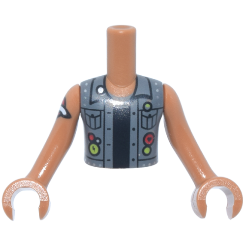 Деталь LEGO FTBpb141c01 Torso Mini Doll Boy Dark Bluish Gray Vest, Black Buttons, Collar, Pockets and Shirt, Silver Studs, Red and Lime Circles with Heart and Lightning, '#1Dad' in Squares on Back Pattern, Medium Nougat Arms with Hands with Red Heart Tattoo