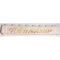 Brick 1 x 8 without Bottom Tubes with Cross Side Supports with Gold 'KOBMAND' and 2 Arrows Pattern (KØBMAND)
