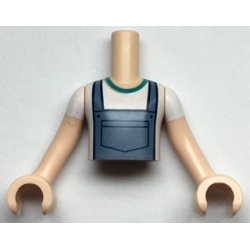 Torso Mini Doll Boy Sand Blue Overalls over White T-Shirt Pattern, Light Nougat Arms with Hands with White Short Sleeves
