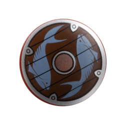 Minifigure, Shield Circular / Round Convex Face with Silver Border, Copper Center, and Sand Blue Fish on Dark Brown Wood Background Pattern Minifigure, Shield Circular / Round Convex Face with Silver Border, Copper Center, and Sand Blue Fish on Dark Brown Wood Background Pattern