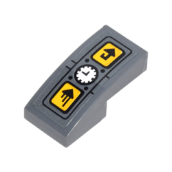 Slope, Curved 2 x 1 x 2/3 with Panel with White Clock, and 2 Yellow Boxes with Arrows Pattern (Sticker) - Set 70626 Slope, Curved 2 x 1 x 2/3 with Panel with White Clock, and 2 Yellow Boxes with Arrows Pattern (Sticker) - Set 70626