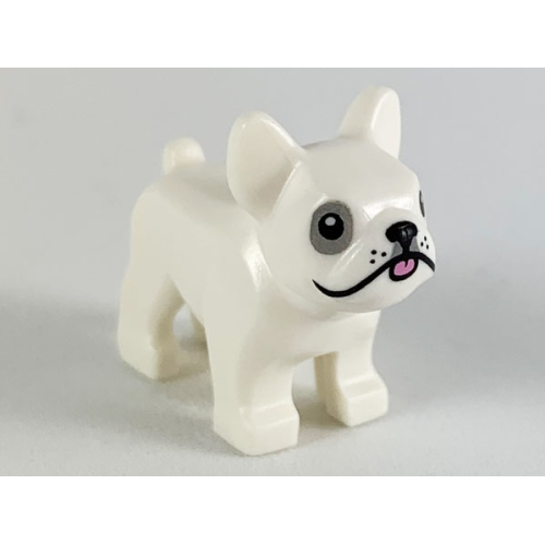 Деталь LEGO 29602pb02 Dog, French Bulldog with Black Eyes, Nose and Whisker Dots, Light Bluish Gray Patch Around Right Eye, Bright Pink Tongue Pattern