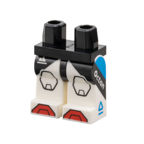 Деталь LEGO 970c01pb69 Hips and White Legs with Sport Mountain Logo, Black Panels and Knee Pads, Red Toes, and Dark Azure Triangle and 'Octan' on Sides Pattern