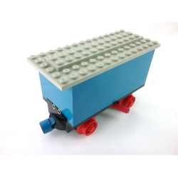Train Battery Box Car with Two Contact Holes, Red Switch Lever, Blue and Red Magnets, Red Wheels, and Light Gray Roof