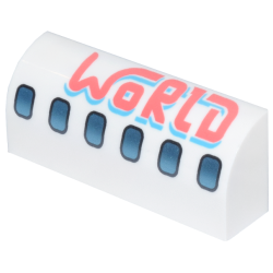 Slope, Curved 1 x 4 x 1 1/3 with Dark Silver and Metallic Light Blue Airplane Windows, Coral and Medium Azure 'WORLD' Pattern