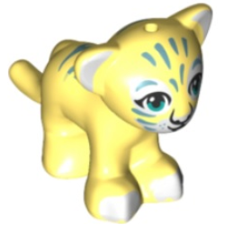 Cat, Friends Style, Large, Baby Cub (Tiger) with Dark Azure Eyes, White Nose, White Paws and Metallic Light Blue Stripes Pattern - Bright Light Yellow