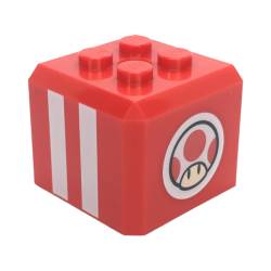 Brick, Modified Cube, 4 Studs on Top with White Stripes and Super Mario Toad Head Logo on Circle Pattern on All Sides (Super Mario Toad / Blue Toad Pit Crew Cap) - Red Brick, Modified Cube, 4 Studs on Top with White Stripes and Super Mario Toad Head Logo on Circle Pattern on All Sides (Super Mario Toad / Blue Toad Pit Crew Cap) - Red
