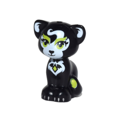 Деталь LEGO 11602pb03 Cat, Friends Style, Sitting with Lime Eyes and Eyebrows, Black Eyelashes and Nose, White Inner Ears and Patches, Silver Claws, Diamond with Bat Wings Symbol Pattern (Elves Jynx)