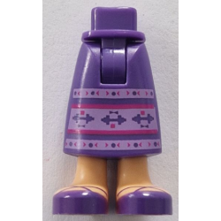 Mini Doll Hips and Skirt Long with Molded Medium Tan Legs and Printed Dark Purple Sandals, Medium Lavender and Magenta Stripes, Dots, Arrows, Squares and Barbells Pattern - Thick Hinge